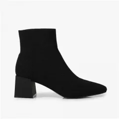 All-match Stretch Knitted High Heel Solid Colour Chunky Heel Square Toe Booties Women - Black - View 1