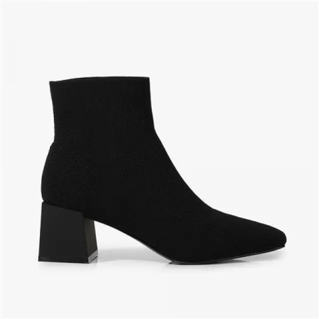 All match Stretch Knitted High Heel Solid Color Chunky Heel Square Toe Booties Women Black - Shop at LoveMi