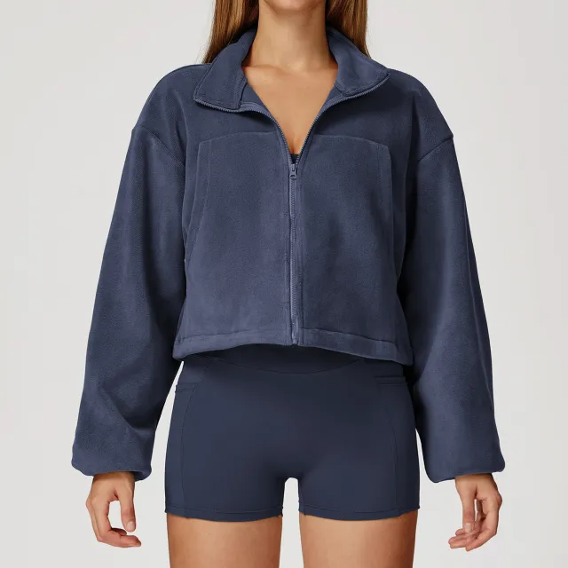 Stand Collar Windproof Warm Running Velvet Sport Coat Midnight Blue - Shop at LoveMi