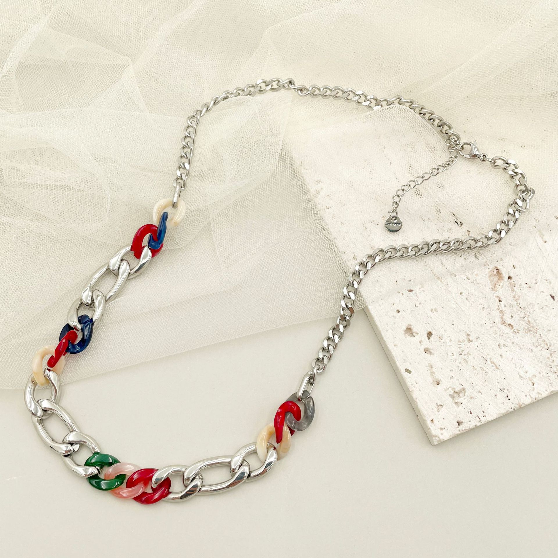 Titanium Steel Resin Buckle Candy Color Fashion Geometry Pattern Necklace