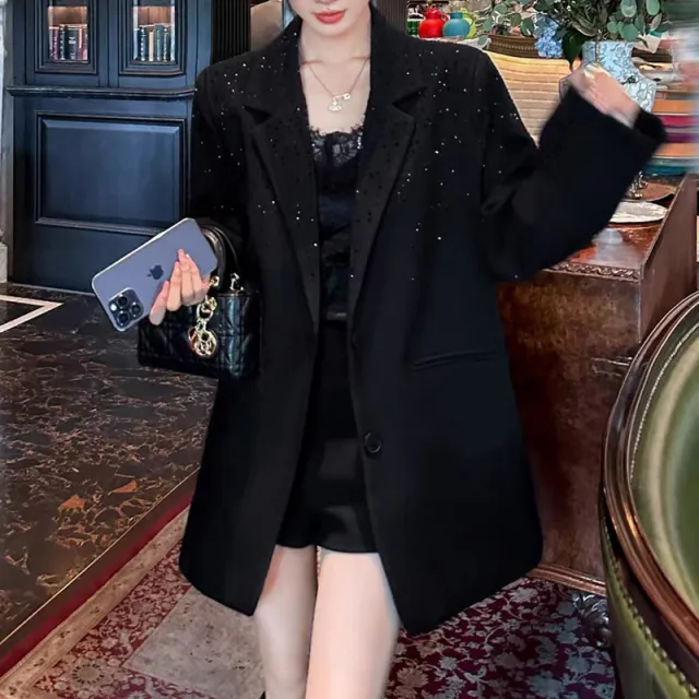 Black Niche Design Rhinestone Suit Jacket For Women Black - Shop at LoveMi
