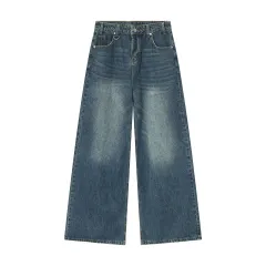 Retro Style Distressed Loose Wide Leg Mopping Jeans - Blue - View 1