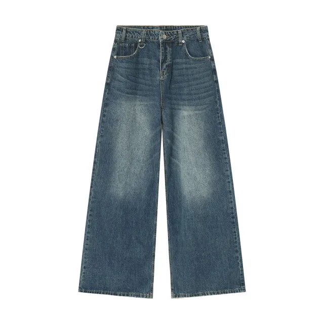 Retro Style Distressed Loose Wide Leg Mopping Jeans Blue - Shop at LoveMi