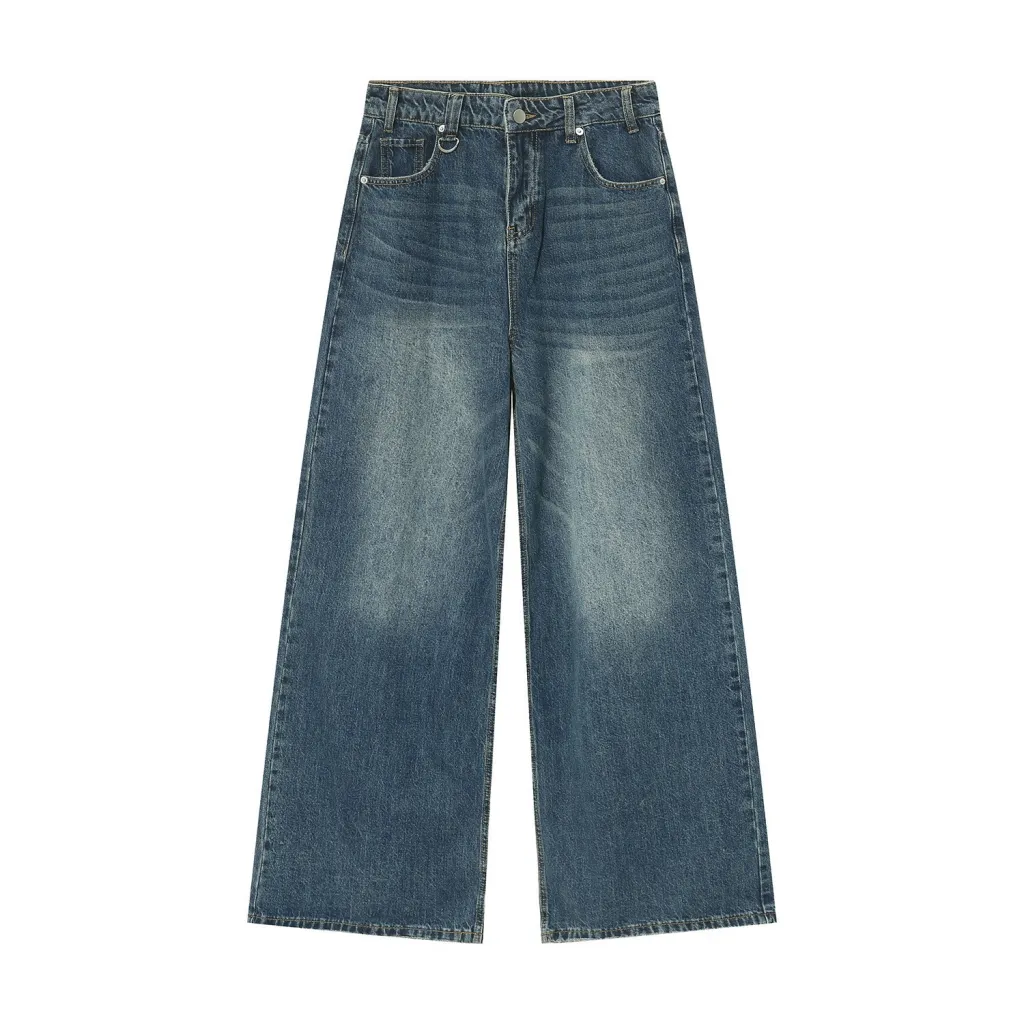 Retro Style Distressed Loose Wide Leg Mopping Jeans - Blue