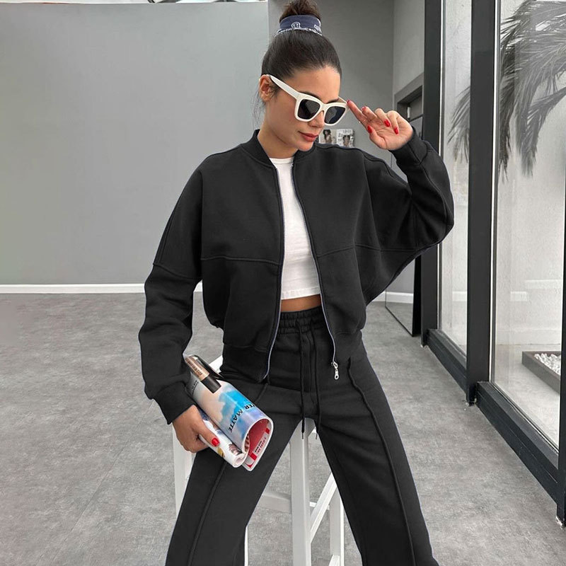 Fleece Zipper Cardigan Women's Clothes Fashion Casual Straight Pants Suit