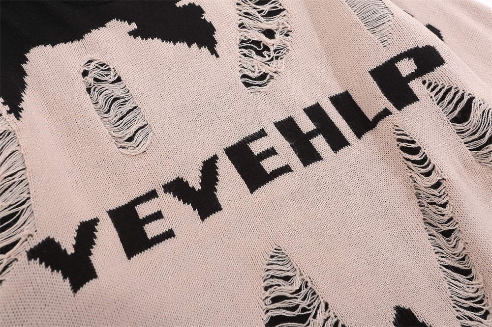 Worn Color-block Crew Neck Sweater Men's Waste Soil Style Letter