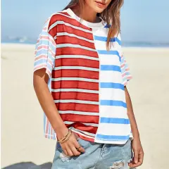 Women's Striped Casual Loose-fitting Short-sleeve Shirt - Model 8 - View 1