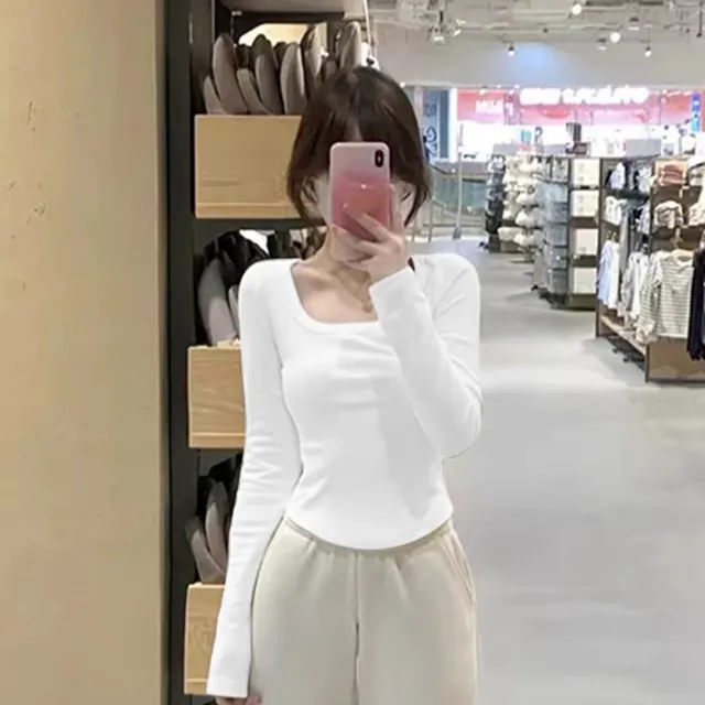 Dralon Long sleeved T shirt Bottoming Shirt Women's U collar White - Shop at LoveMi