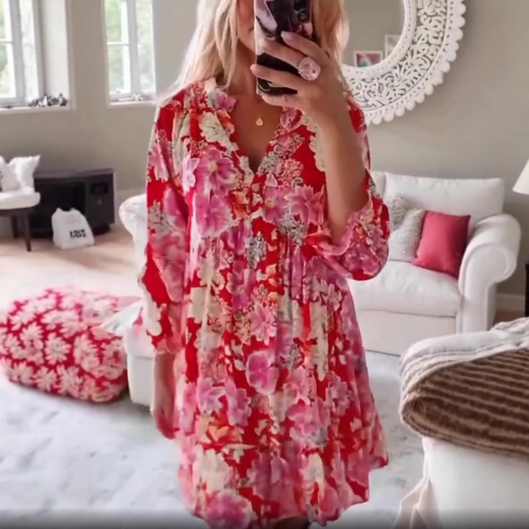 European And American Fashion Floral Print Long Sleeve Dress