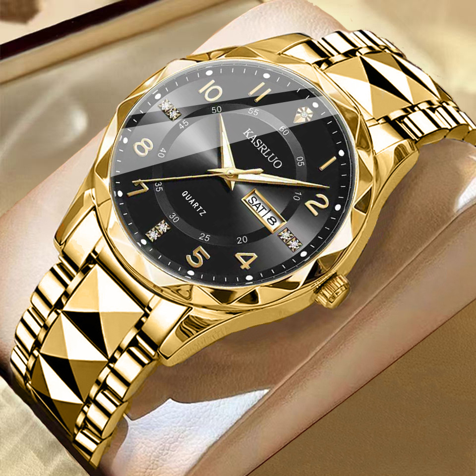 Men's Dual Calendar Fashion Waterproof Luminous Quartz Watch Gold Black