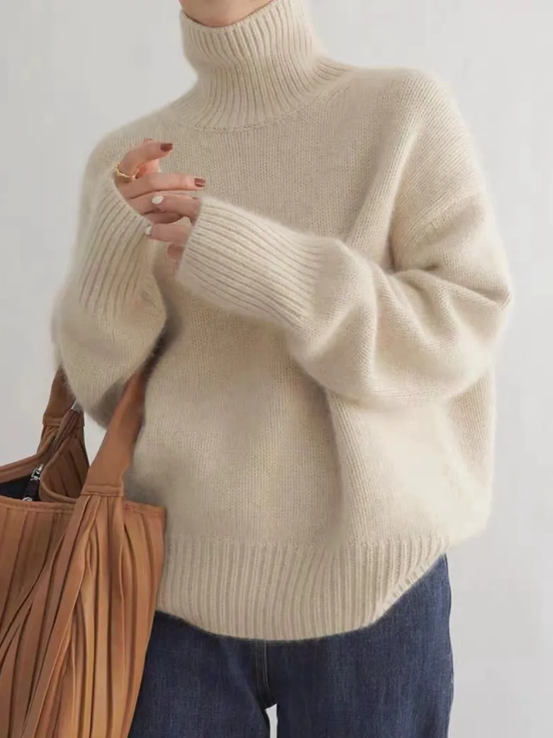 High-neck Women's Loose Versatile Knit Pullover Sweater - Apricot