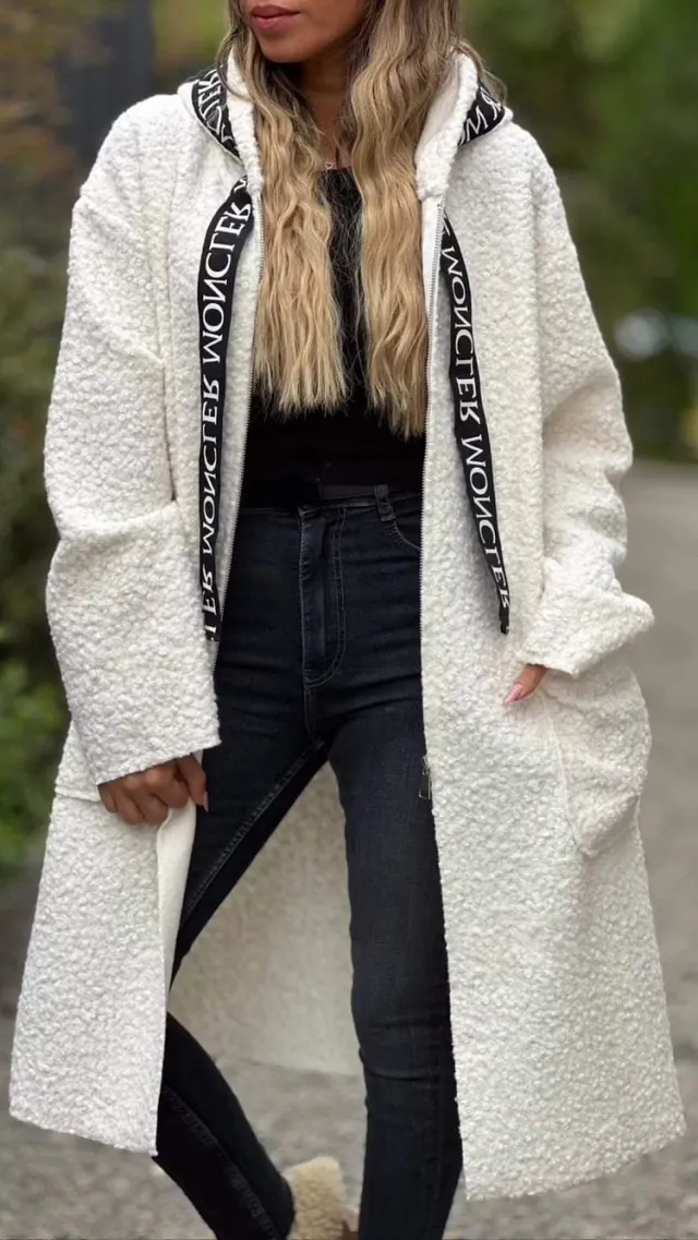 Ladies Hooded Letters Lamb Wool Coat White - Shop at LoveMi