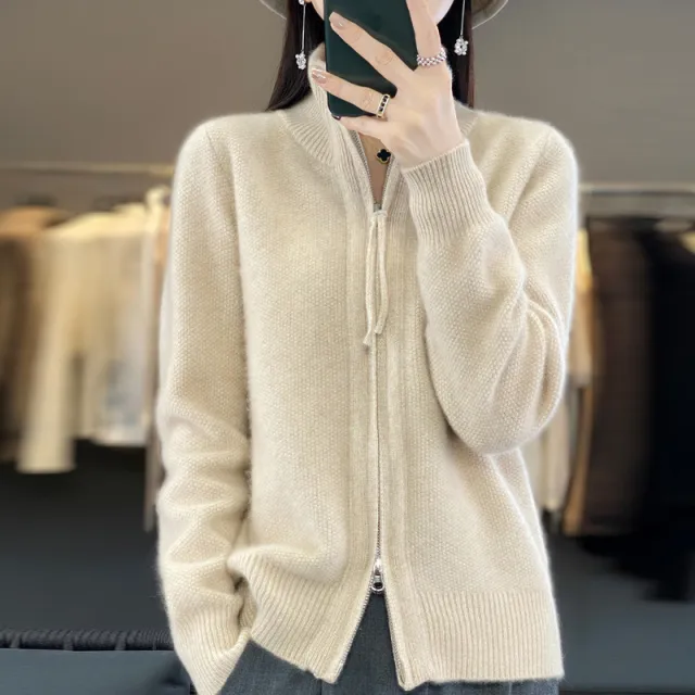 Leisure Lazy Double Zipper Sweater Loose Knitted Apricot - Shop at LoveMi