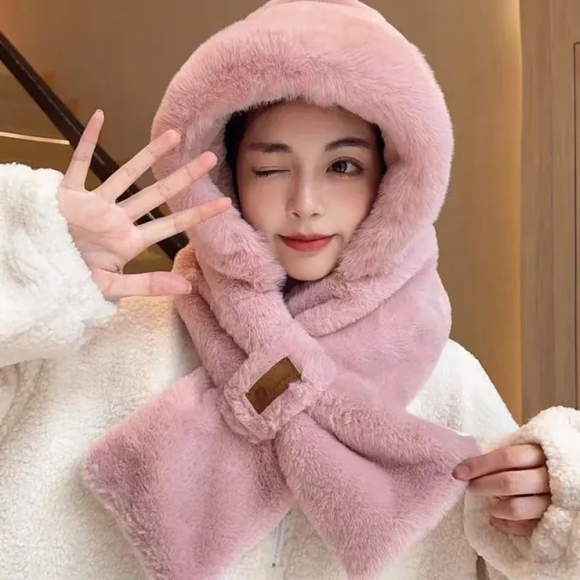Cycling Cold Protection Ear Protection Fleece lined Warm Hat All match Scarf Leather Tag Plush Bonnet Pink - Shop at LoveMi
