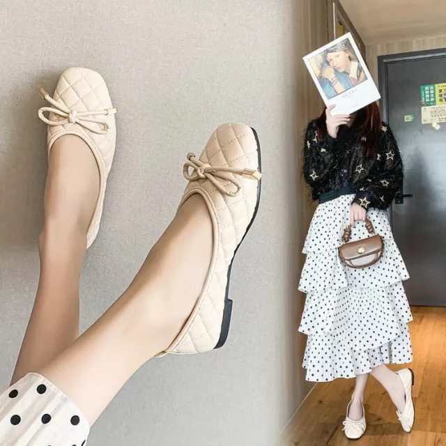 Ladies New Bow Flat Bottom Square Toe Soft Bottom Pumps Beige - Shop at LoveMi