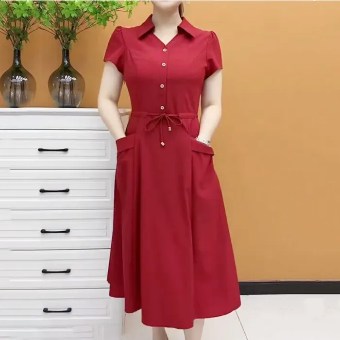 Mom Wear Plus Size Fashionable Stylish Short Sleeve Dress - Red