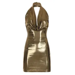 Women's Style Deep V Halter Swing Collar Glossy Skinny Hip Skirt - Gold - View 1