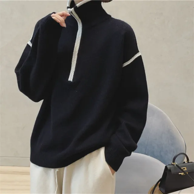 Stand Collar Zipper Loose Multicolor Fashion Sweater Women Black - Shop at LoveMi