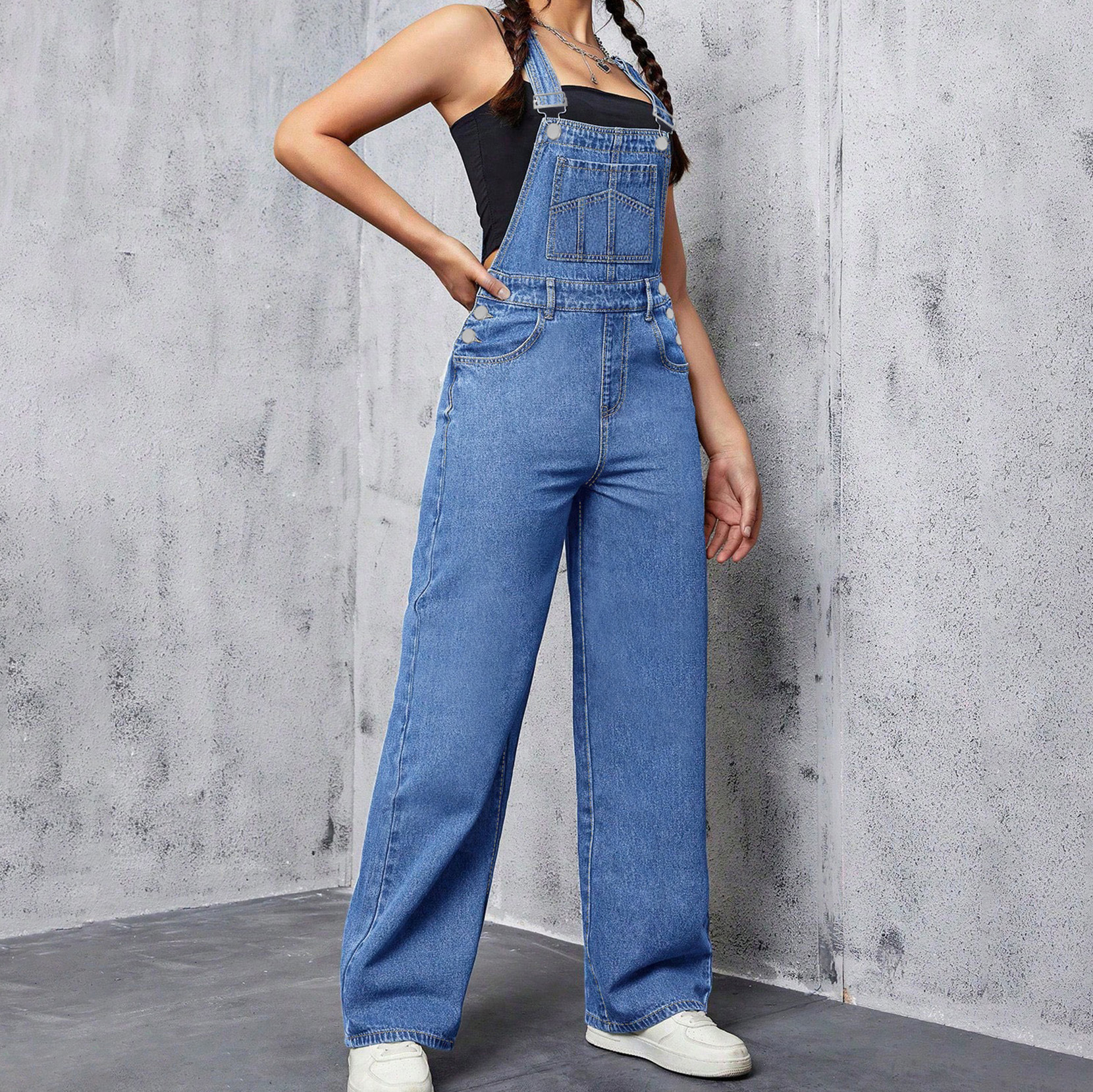 Womens Washed Blue Denim Overalls Casual And Loose-Fitting
