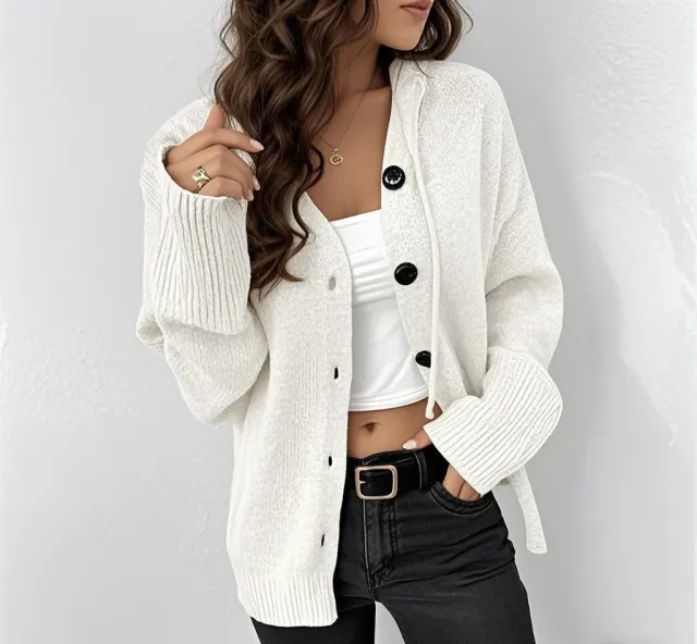 Women's Drawstring Knitted Solid Color Hooded Single breasted Sweater White - Shop at LoveMi