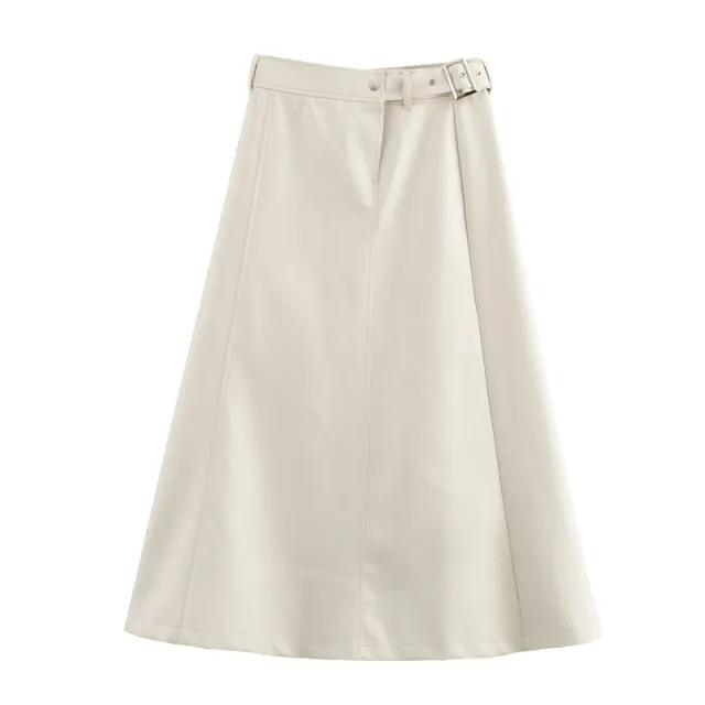 High Waist Pure Color With Belt A Line Faux Leather Midi Skirt Skirt Picture Color S - Shop at LoveMi