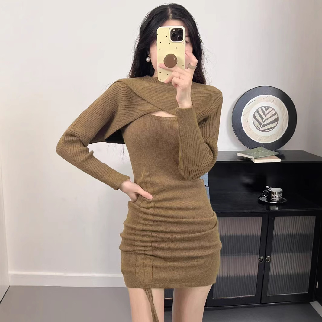 Design Pullover Irregular Short Sweater Drawstring Adjustable Dress