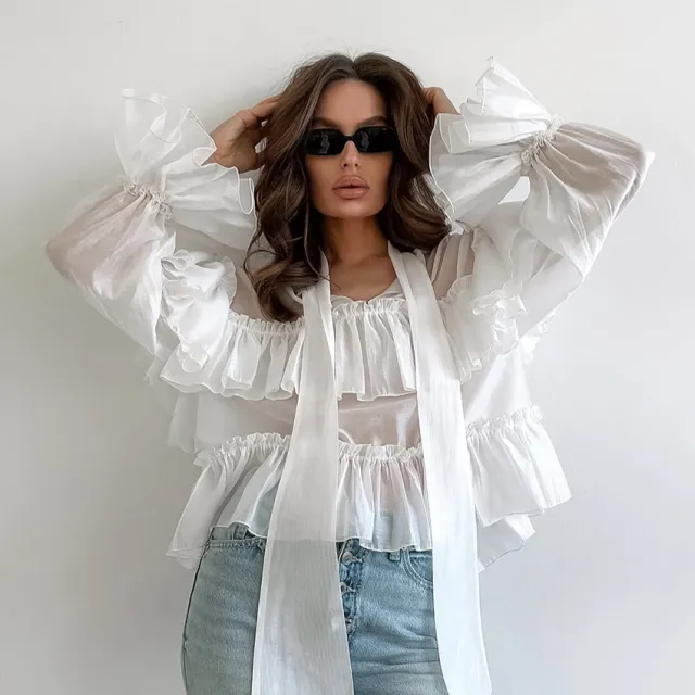 Designer French style Soft Tie front Long Sleeve Shirt White - Shop at LoveMi