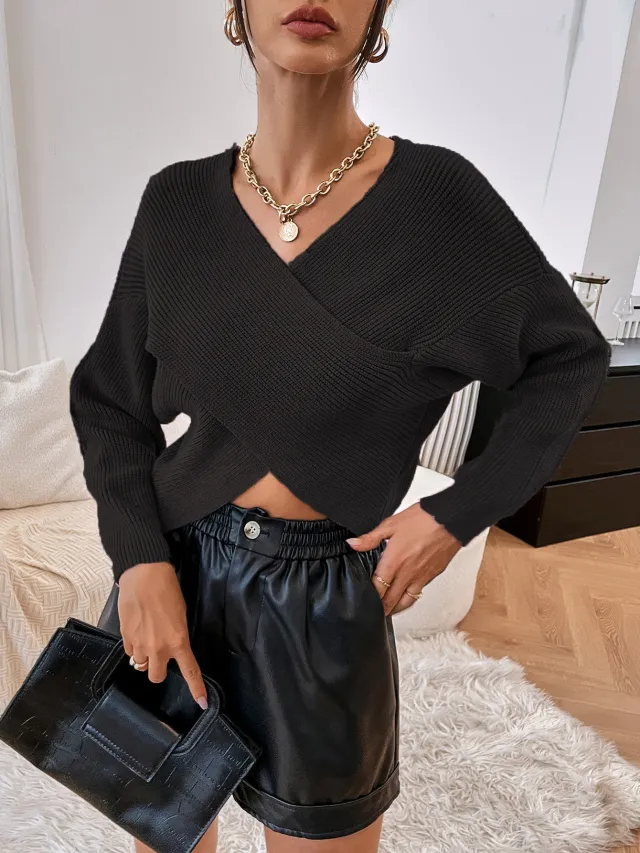 European And American Autumn And Winter V neck Cross Navel Jersey Black - Shop at LoveMi