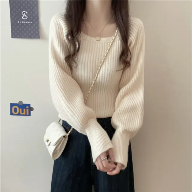 Western Style Low Collar Long Sleeves Top Slim fit Sweater Apricot - Shop at LoveMi