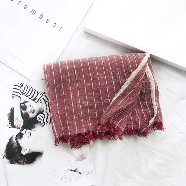 Autumn And Winter Striped Cotton And Linen Pleated Scarf Shawl Wine - Shop at LoveMi