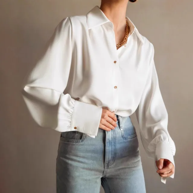 French Style White With Lapel Long Sleeve Shirt For Women White - Shop at LoveMi