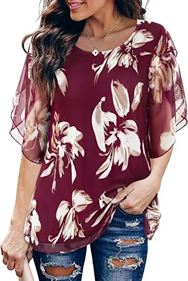 Pleated 34 Sleeve Chiffon Loose Flowy Top Wine Red Printing - Shop at LoveMi