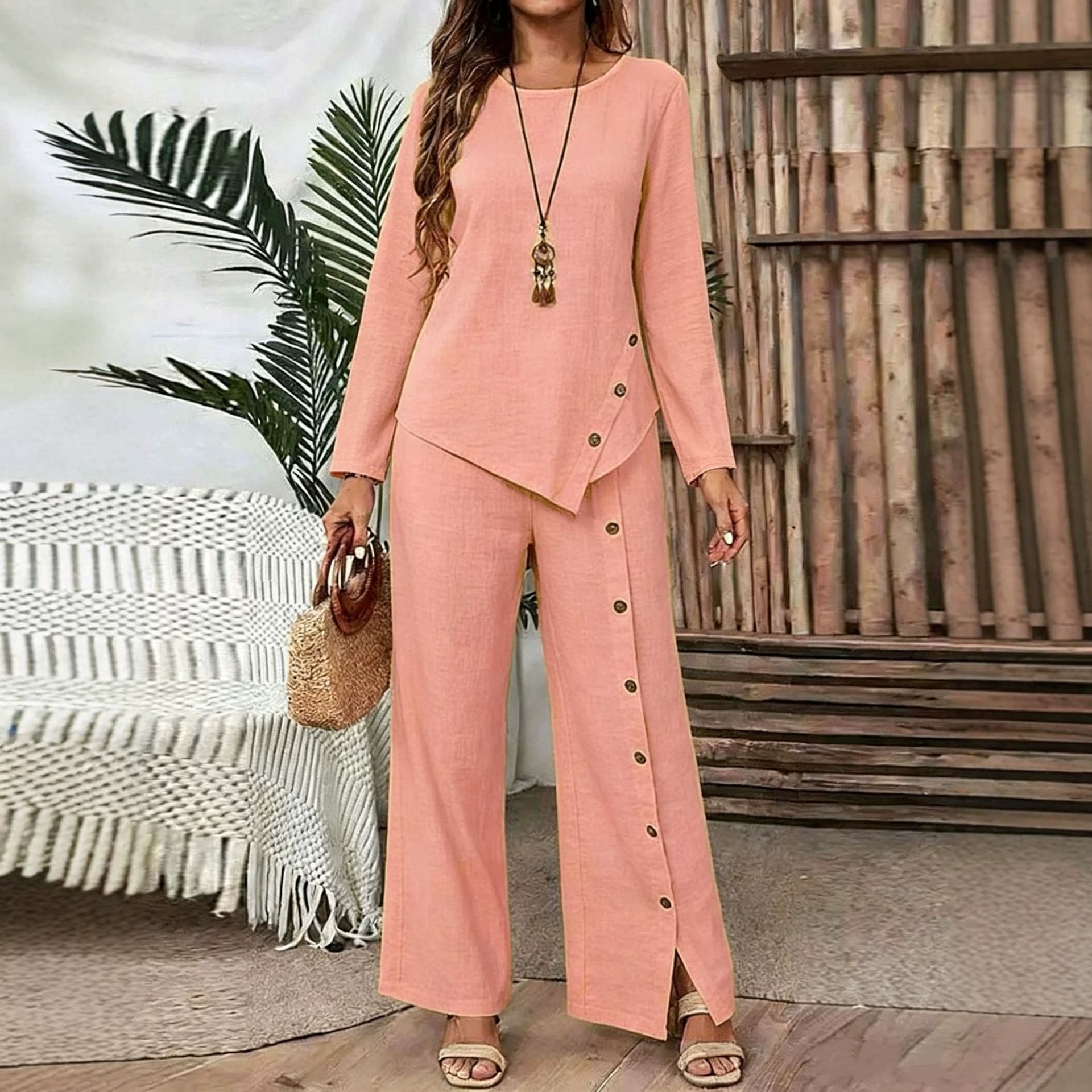 Casual Long-sleeve Button-down Shirt With A Loose-fitting Two-piece Set