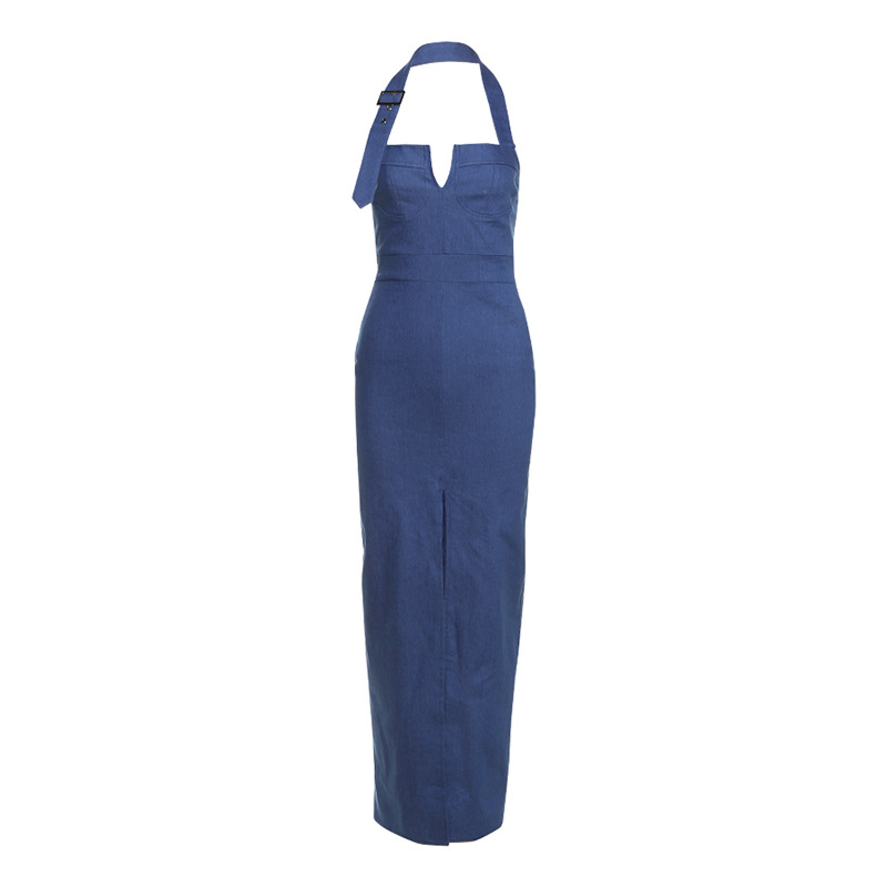 Retro Denim Slim fit Slimming Slit Design Halter Dress Blue - Shop at LoveMi