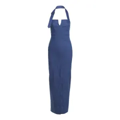 Retro Denim Slim-fit Slimming Slit Design Halter Dress - Blue - View 1