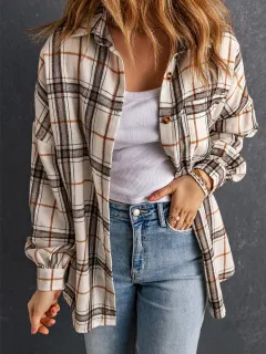Plaid Long-sleeved Shirt Women's European And American Thigh-length Loose Cardigan All-matching Shirt - White - View 1