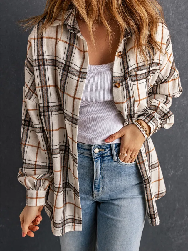 Plaid Long sleeved Shirt Women's European And American Thigh length Loose Cardigan All matching Shirt White - Shop at LoveMi