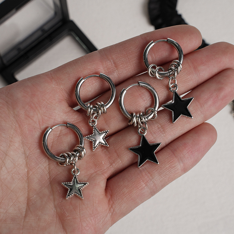 Punk-style Stainless Steel Double-circle Ear Cuffs With A Five-pointed Chic Minimalist Star Pendant Earrings