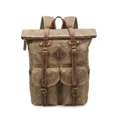Retro Waterproof Crazy Horse Leather Canvas Large Capacity Backpack - Green - View 1
