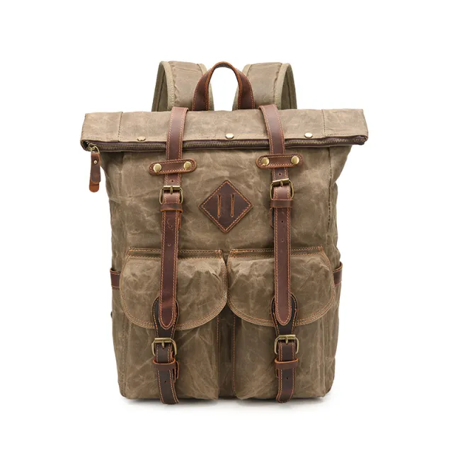 Retro Waterproof Crazy Horse Leather Canvas Large Capacity Backpack Green - Shop at LoveMi