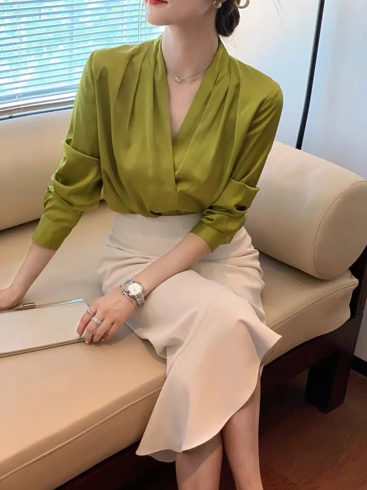 French Style Design Niche Silk Top - Olive