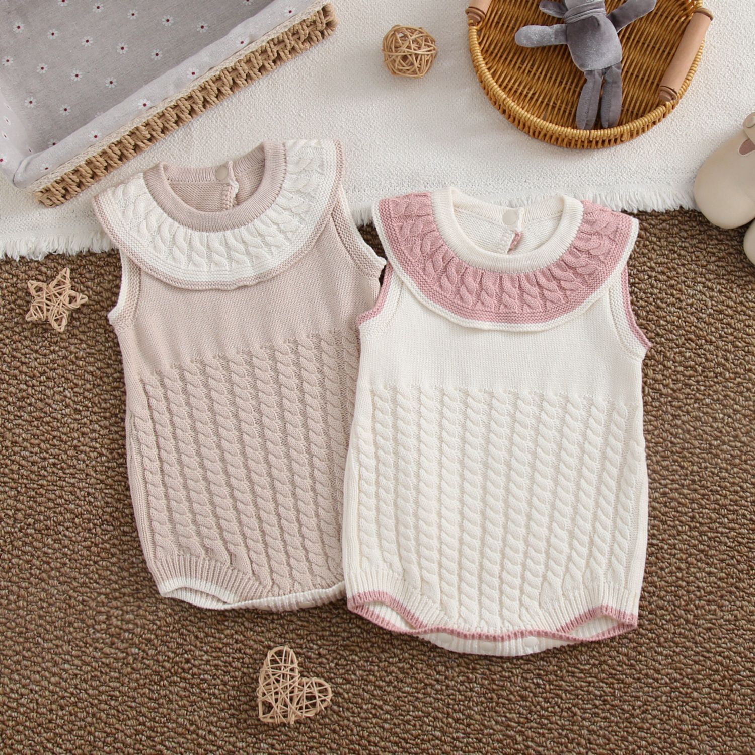 Cotton Knitted Cable-knit Lapel Sleeveless Romper
