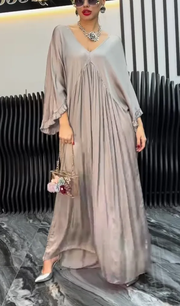 Fashion Casual Satin Ruffle Sleeve Pleated Dress Long Dress Gray - Shop at LoveMi