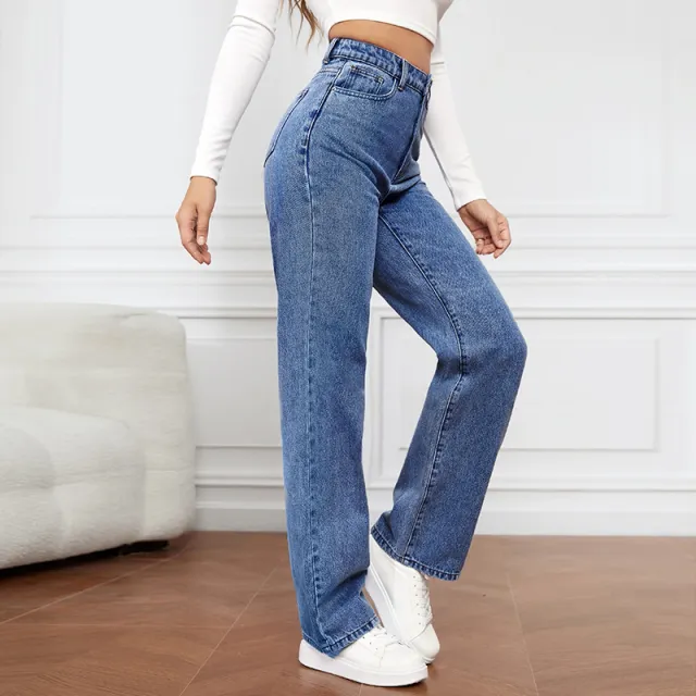 High Waist Straight leg Denim Trousers Women's Washed Light Color Dark Blue - Shop at LoveMi