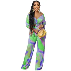 Women's Wear Irregular Pattern Long-sleeved Trousers V-neck Two-piece Suit - C5938 Light Green - View 1