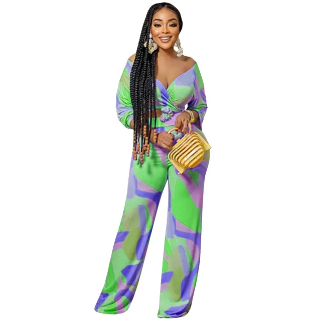 Women's Wear Irregular Pattern Long sleeved Trousers V neck Two piece Suit C5938 Light Green - Shop at LoveMi