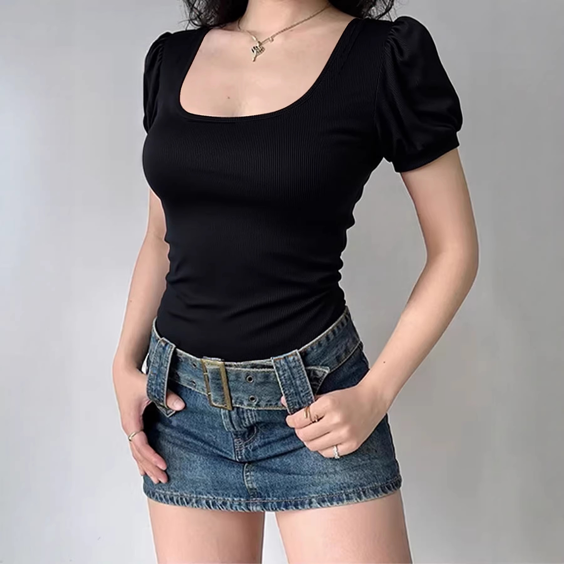 Small Design Backless Lace-Up Sexy U-Neck Slim-Fit Figureflattering T-Shirt With Short Sleeves For Women