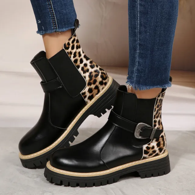 Plus size Fashion Leopard Print Metal Buckle Mid heel Ankle Casual Boots Leopard - Shop at LoveMi