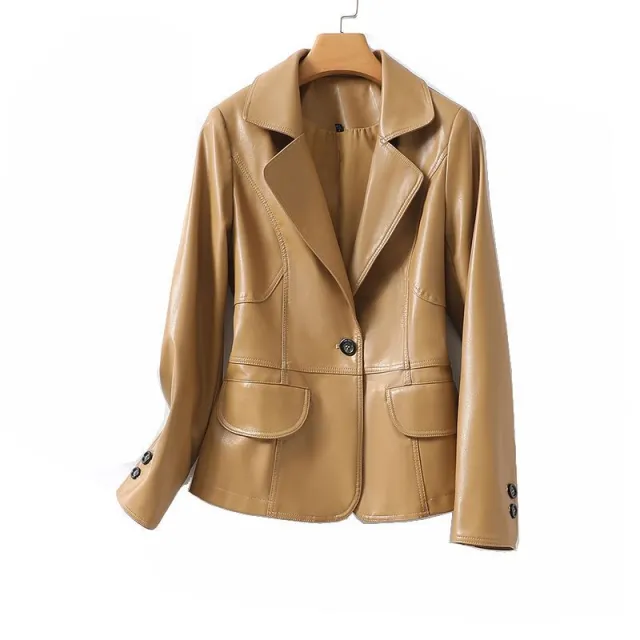 Elegant Sheep Leather Jacket Women's Suit Short Slim Fit Slimming Yellow - Shop at LoveMi