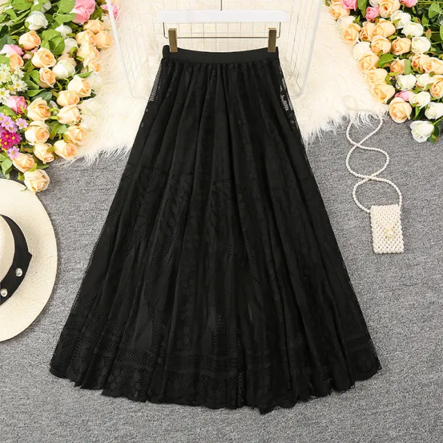 Women's Lace Crocheted Hollow out Midi Skirt Black - Shop at LoveMi